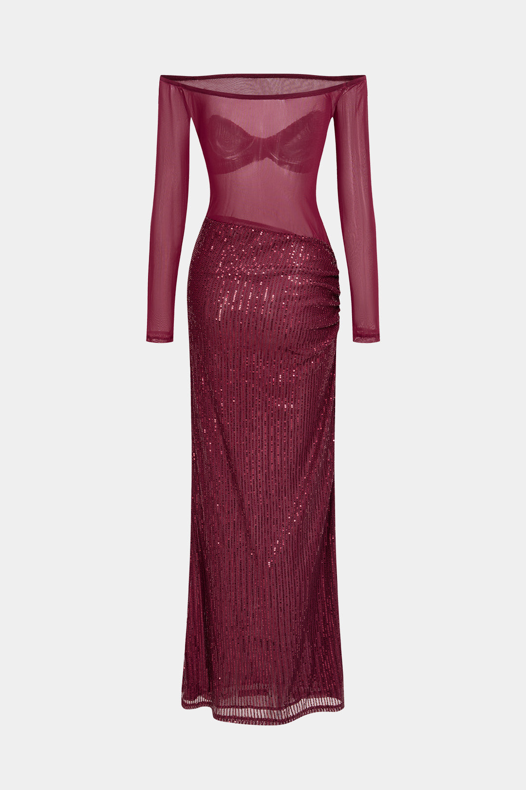 Mesh Patchwork Sequin Off Shoulder Ruched Long Sleeve Maxi Dress