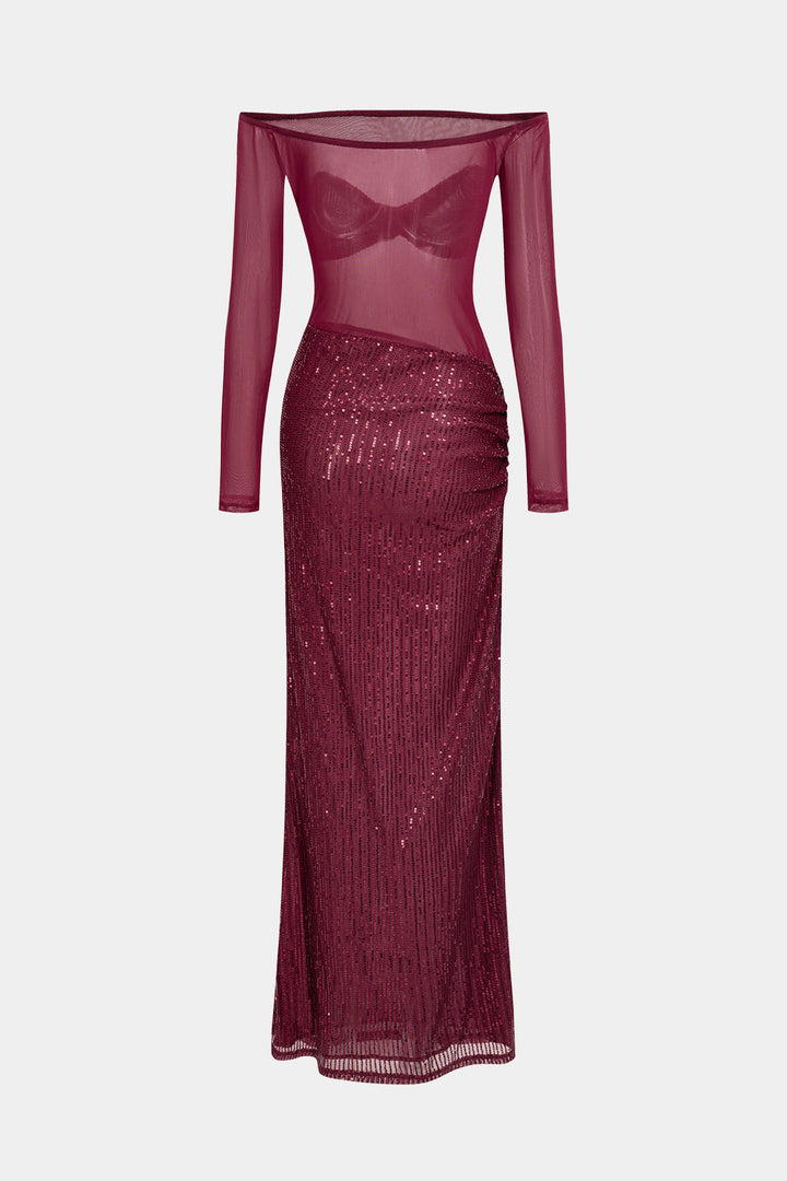 Mesh Patchwork Sequin Off Shoulder Ruched Long Sleeve Maxi Dress