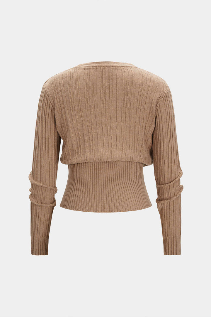 Knit Round Neck Waist-Cinching Long-Sleeve Top