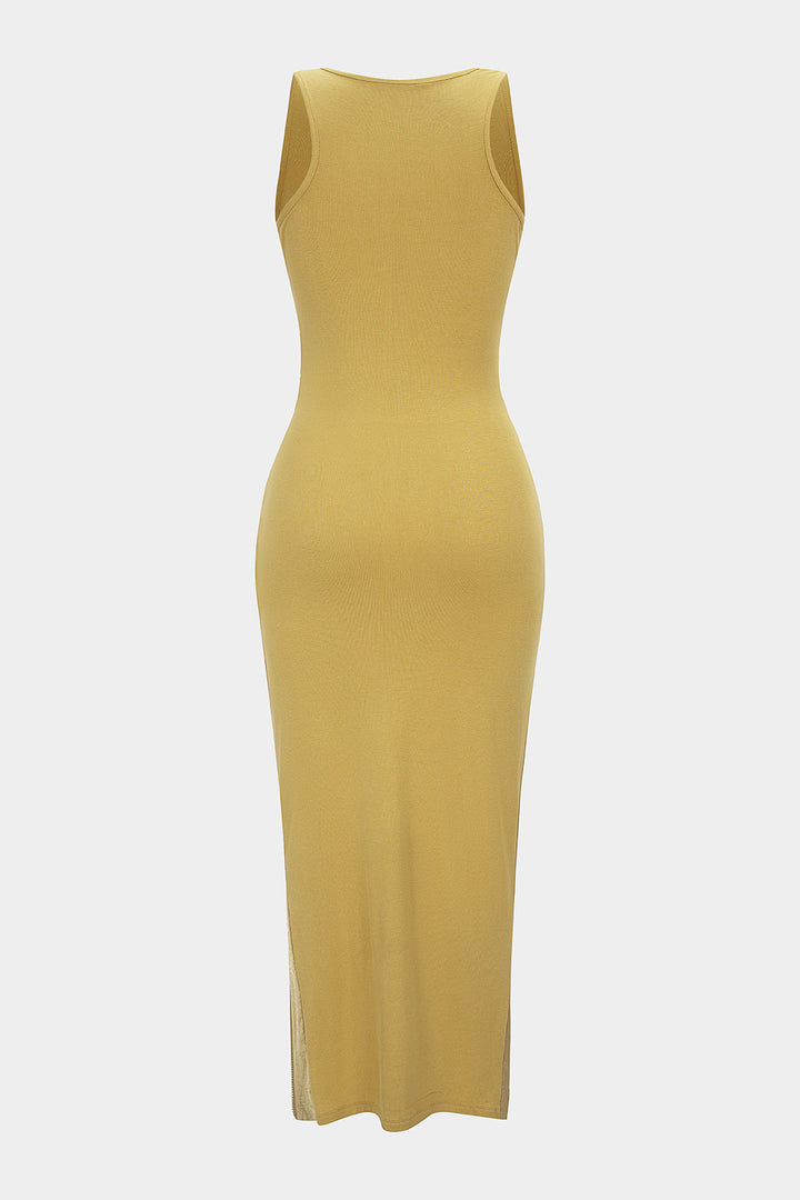 Patchwork Textured U-Neck Asymmetrical Ruched Zipper Slit Sleeveless Maxi Dress