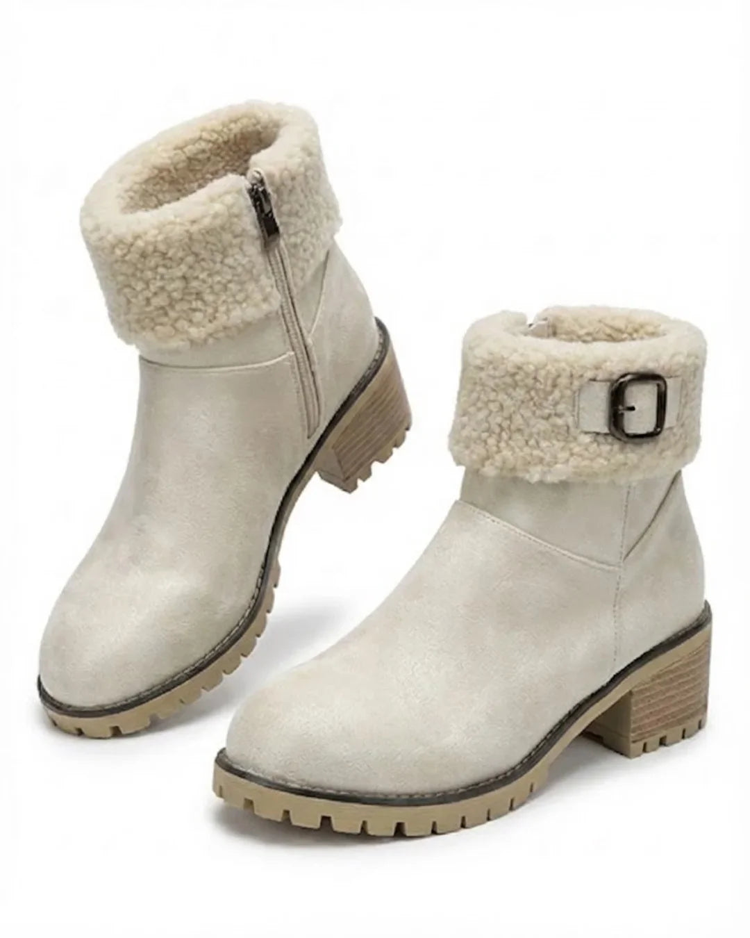 Mirella™ | Sherpa-cuff buckled side-zip heeled ankle boots