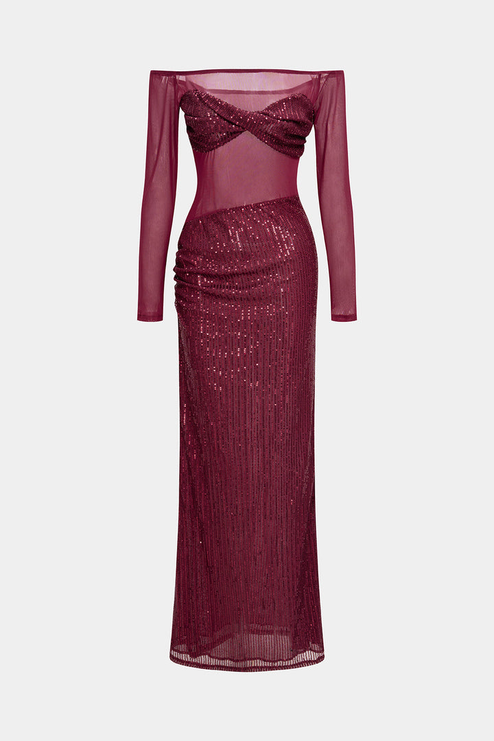 Mesh Patchwork Sequin Off Shoulder Ruched Long Sleeve Maxi Dress