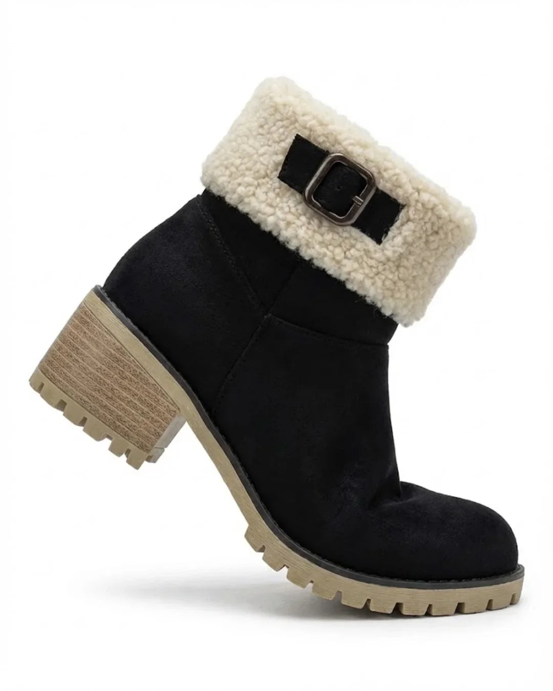 Mirella™ | Sherpa-cuff buckled side-zip heeled ankle boots