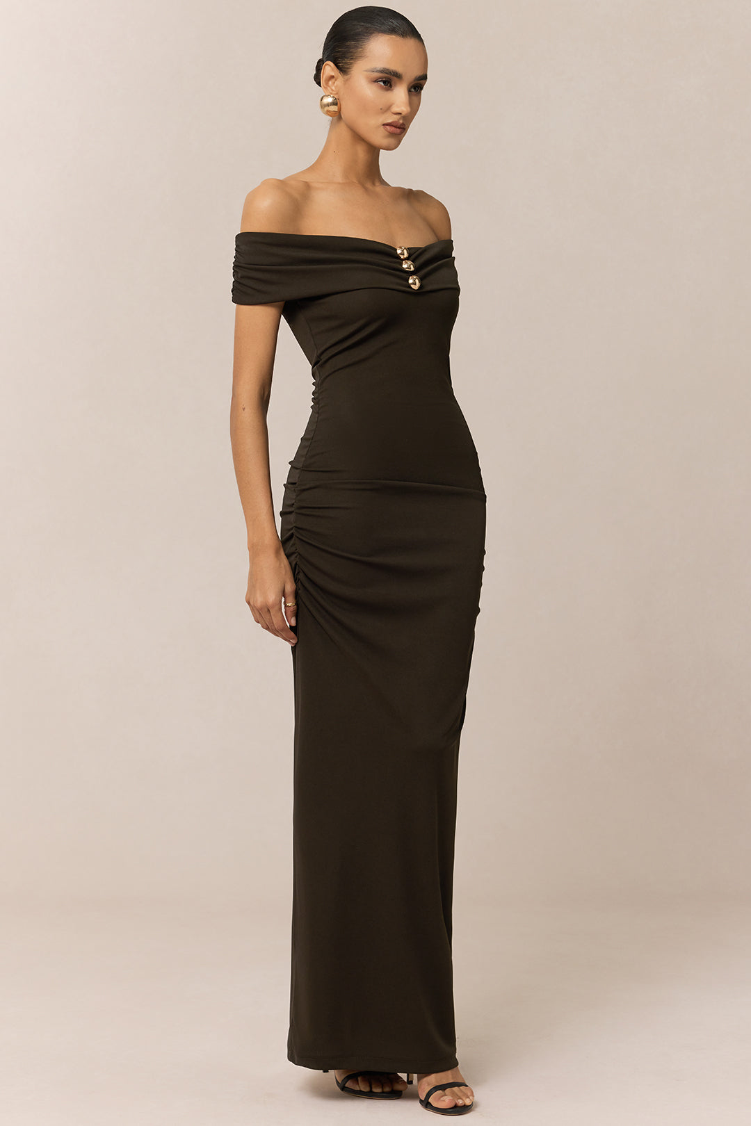 Off Shoulder Metallic Button Maxi Dress