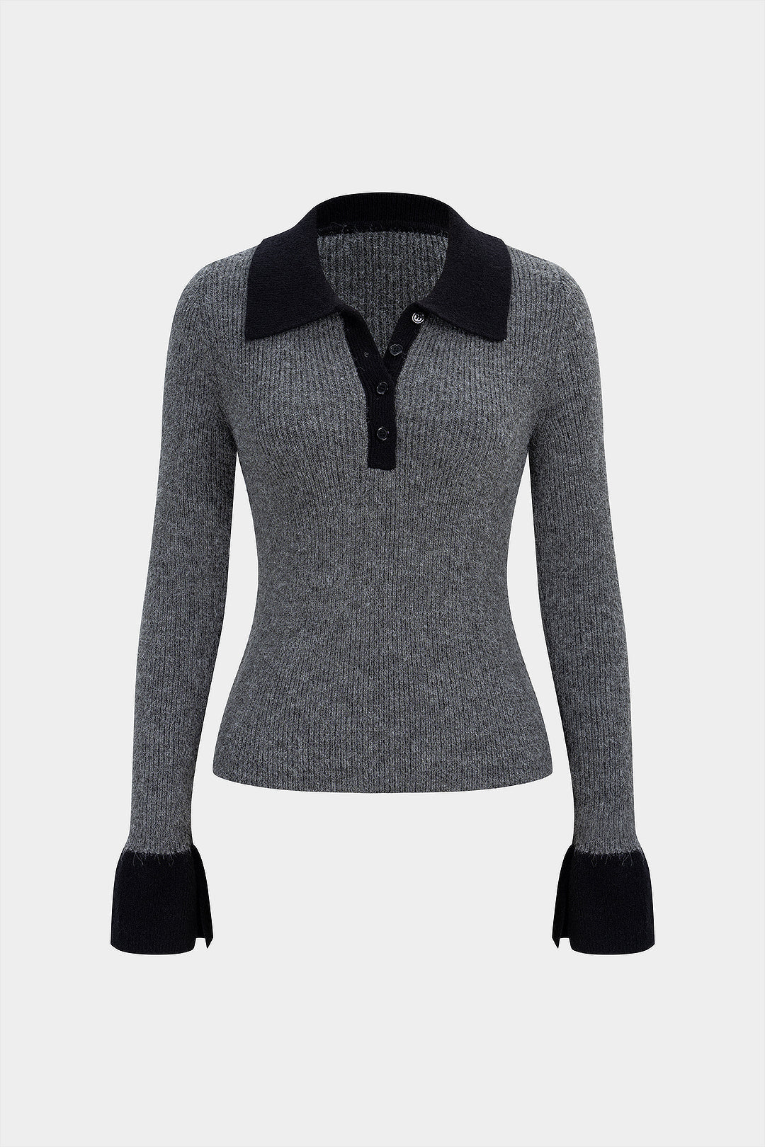 Knit Button Contrast Long-Sleeve Top