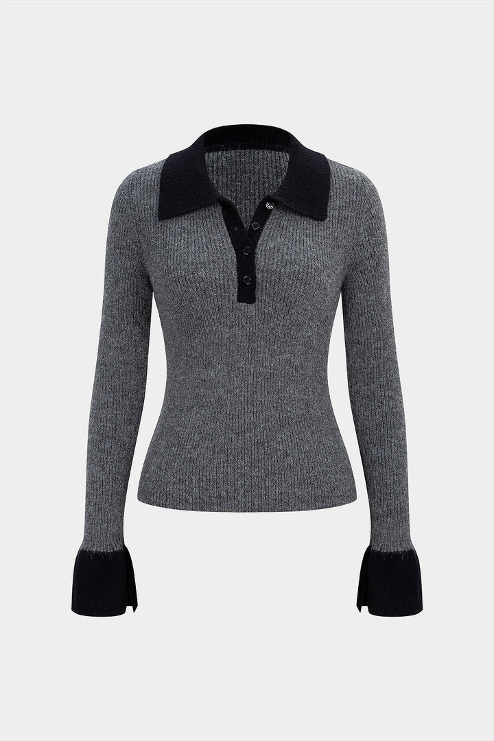 Knit Button Contrast Long-Sleeve Top