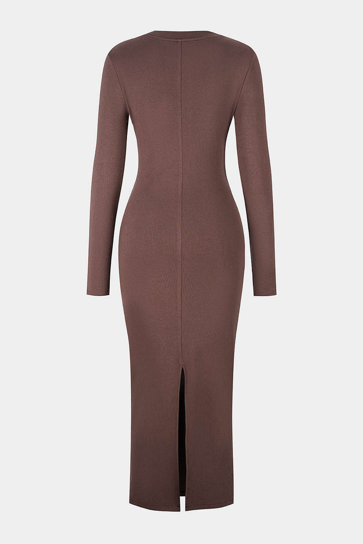 Faux Leather Round Neck Patchwork Long Sleeve Maxi Dress