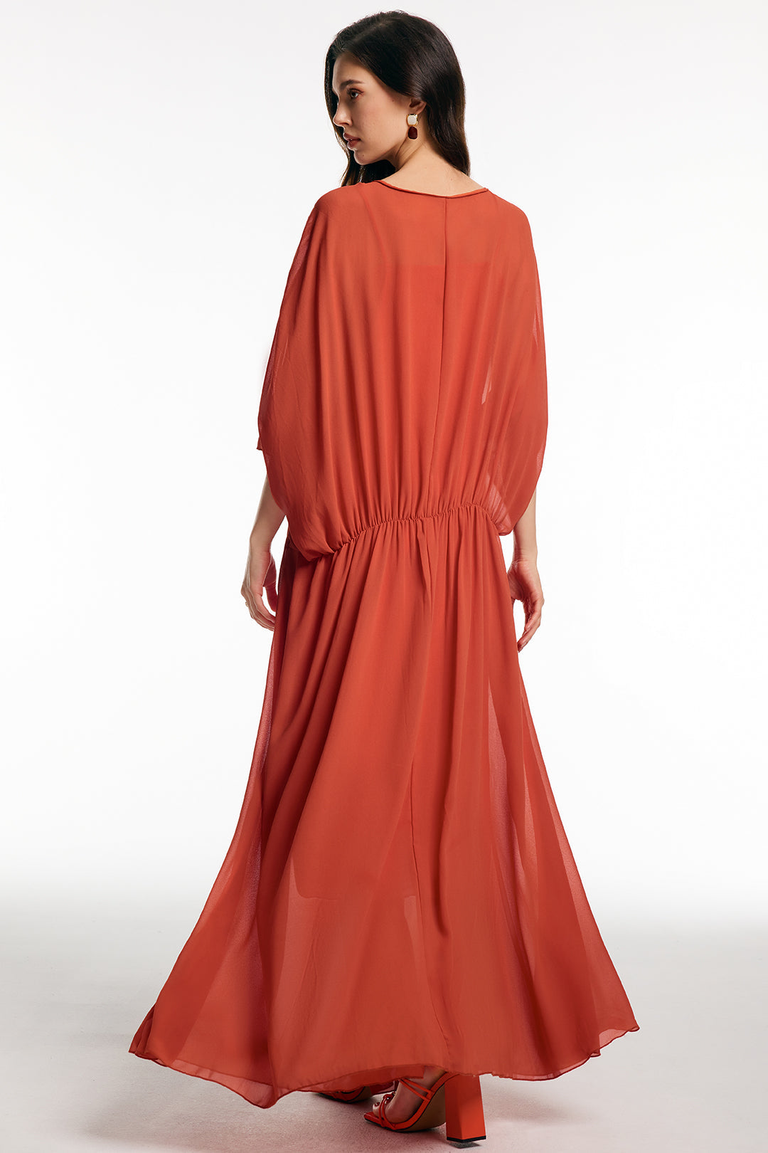 Chiffon V-Neck Ruched Short Sleeve Maxi Dress