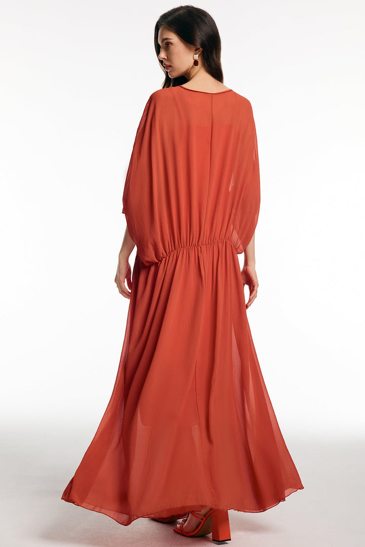 Chiffon V-Neck Ruched Short Sleeve Maxi Dress