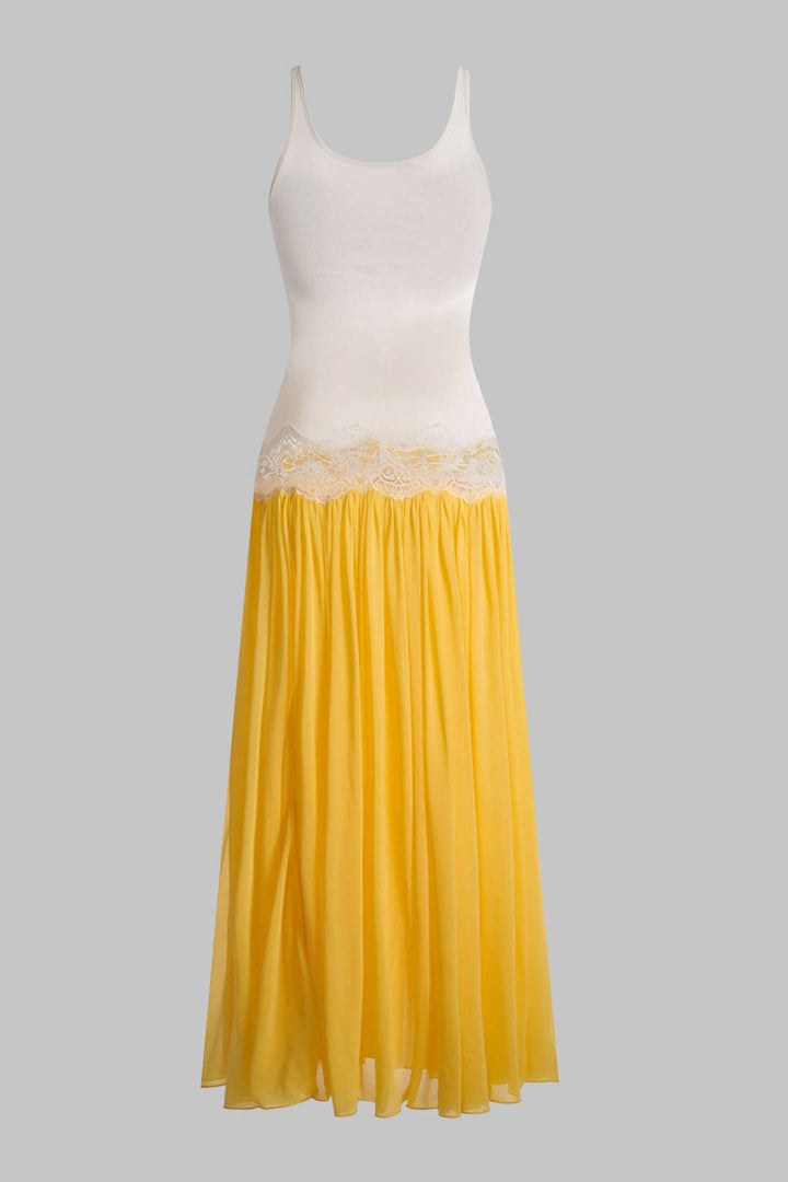 Patchwork Lace Cut Out Ruched Sleeveless Dress