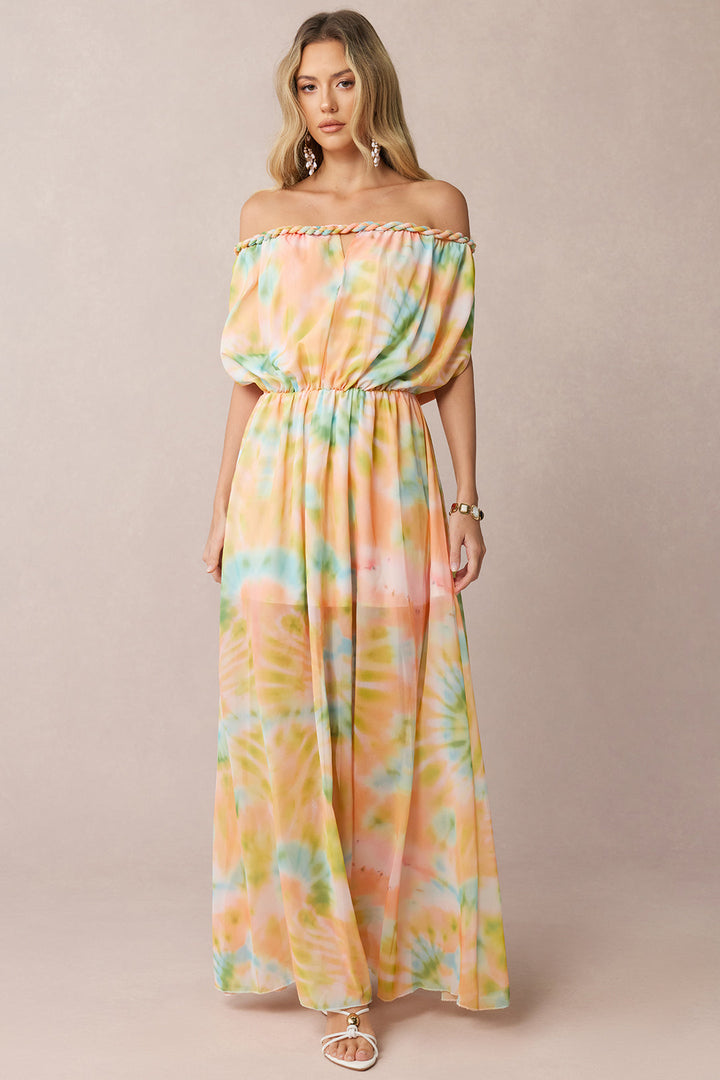 Tie Dye Print Chiffon Off Shoulder Twist Knot Ruched Sleeveless Maxi Dress
