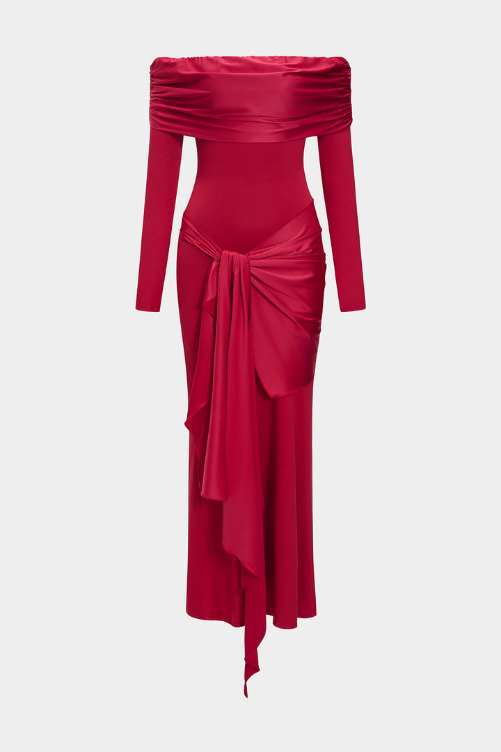 Off Shoulder Ruched Knotted Long-Sleeve Maxi Dress