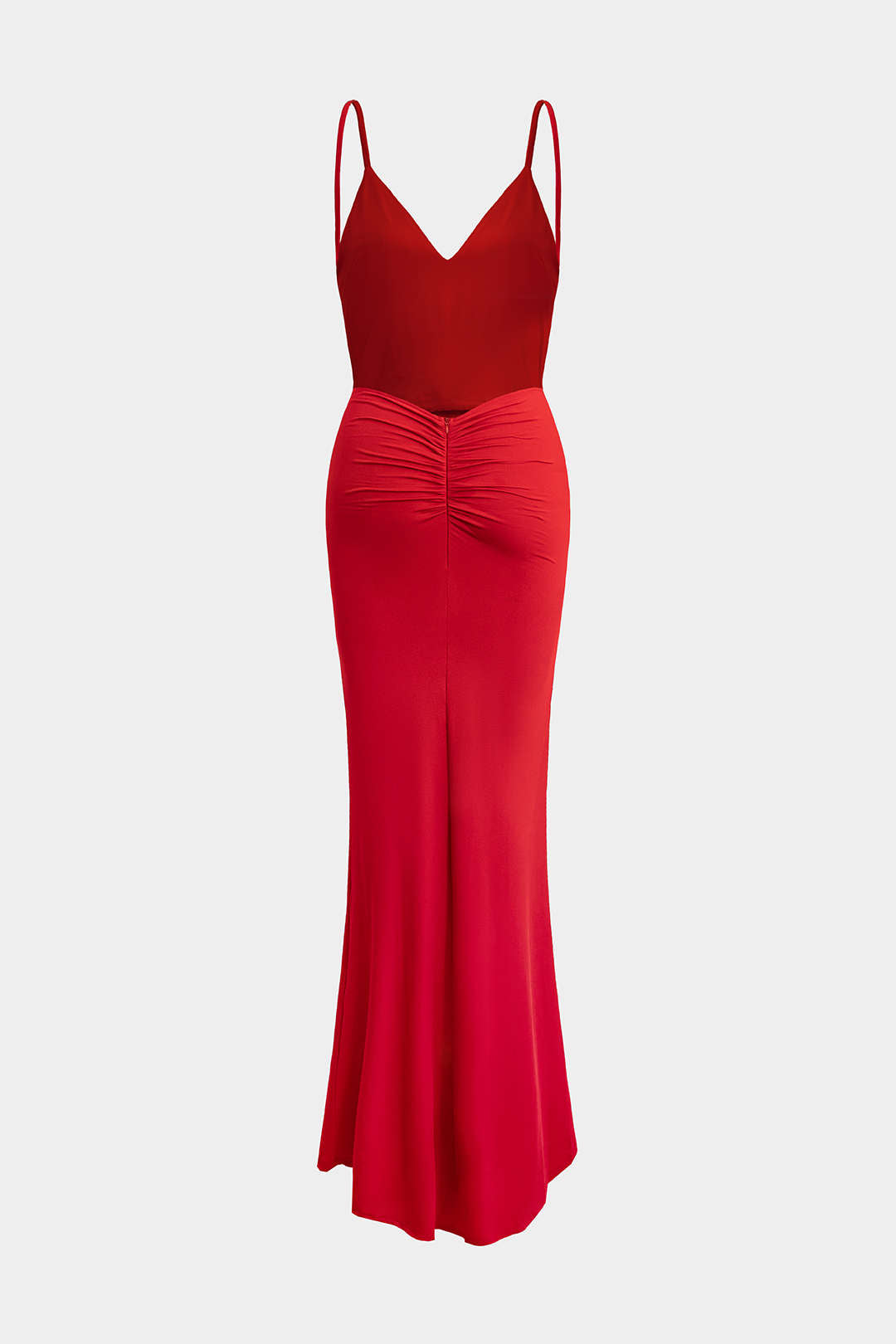 Solid V-Neck Ruched Backless Sleeveless Maxi Dress