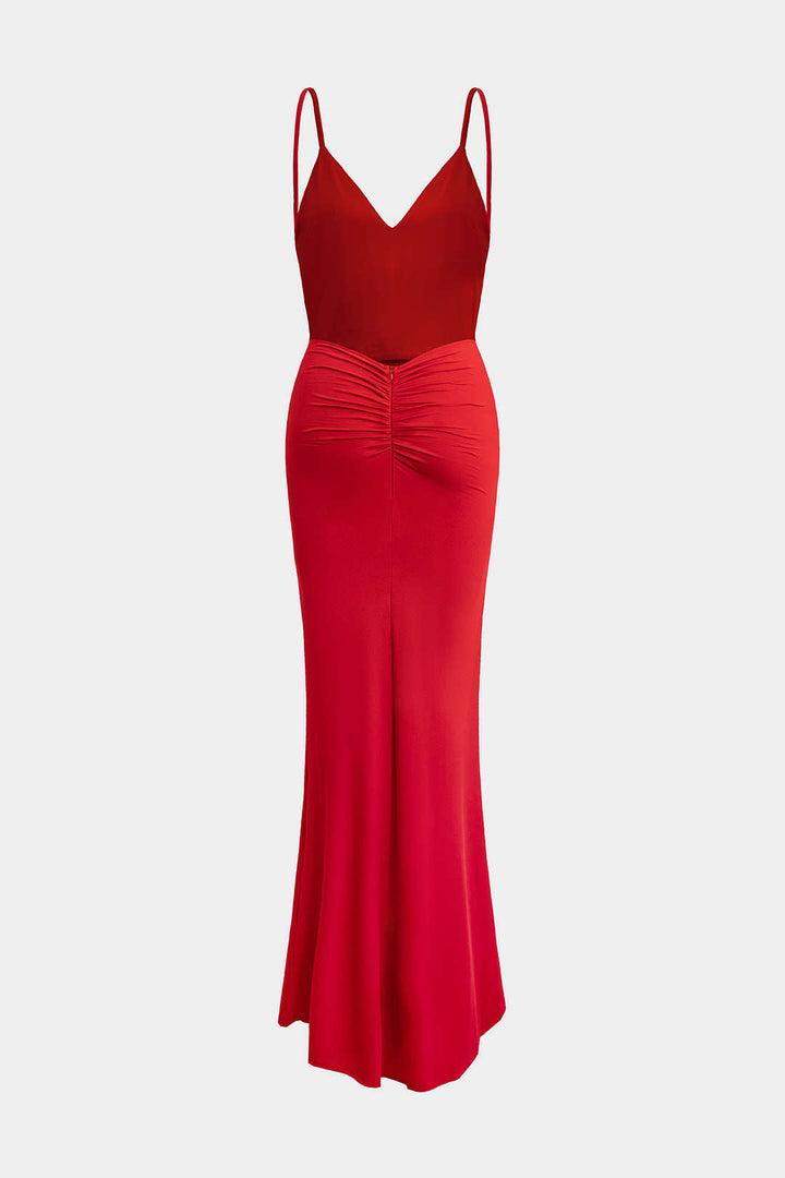 Solid V-Neck Ruched Backless Sleeveless Maxi Dress