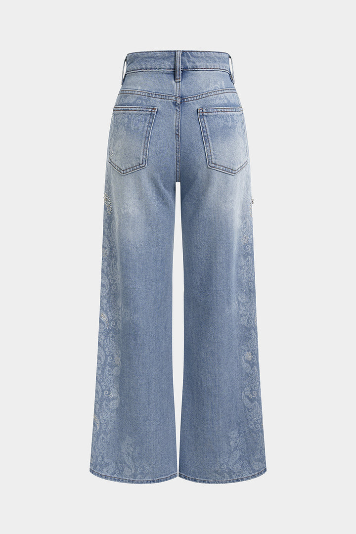 Denim Artistic Print Rhinestone Straight Leg Jeans