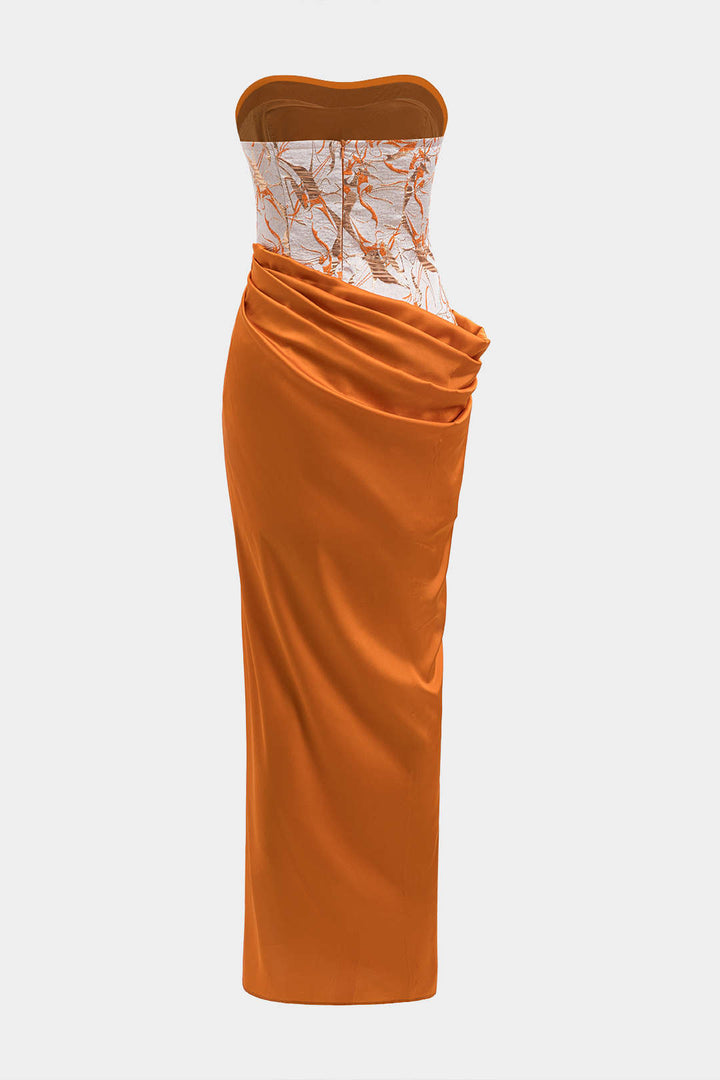 Satin Jacquard Patchwork Ruched Strapless Sleeveless Maxi Dress