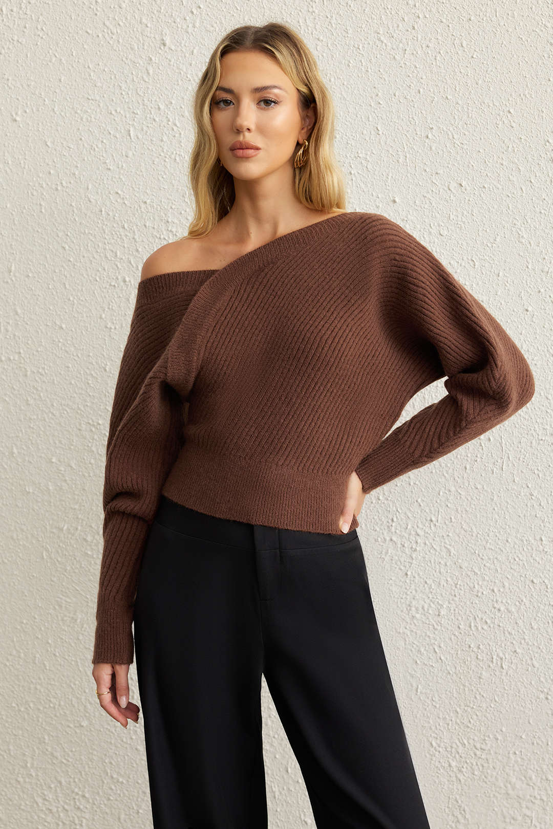 Knit Asymmetrical Ribbed Long-Sleeve Top