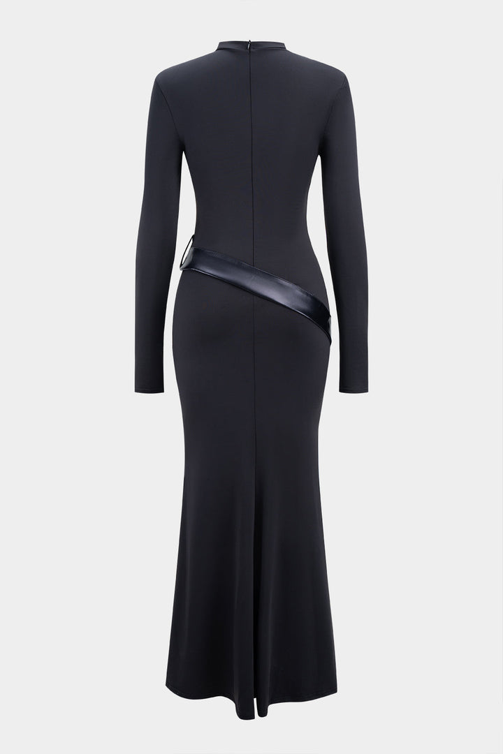 Round Neck Patchwork Zipper Long Sleeve Maxi Dress