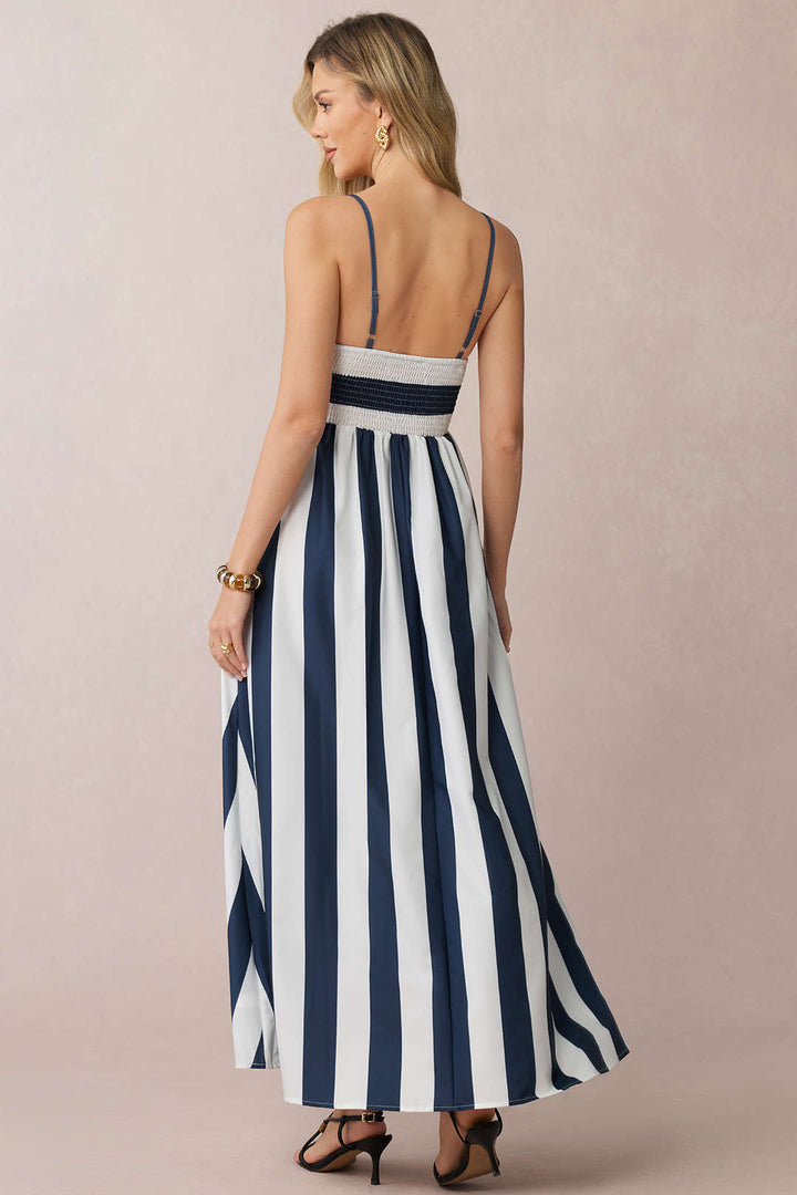 Stripes Print Smocked Backless Sleeveless Maxi Dress