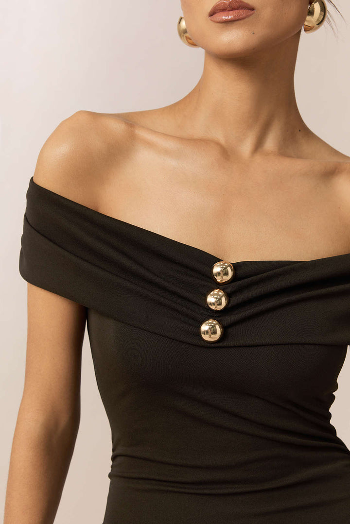Off Shoulder Metallic Button Maxi Dress