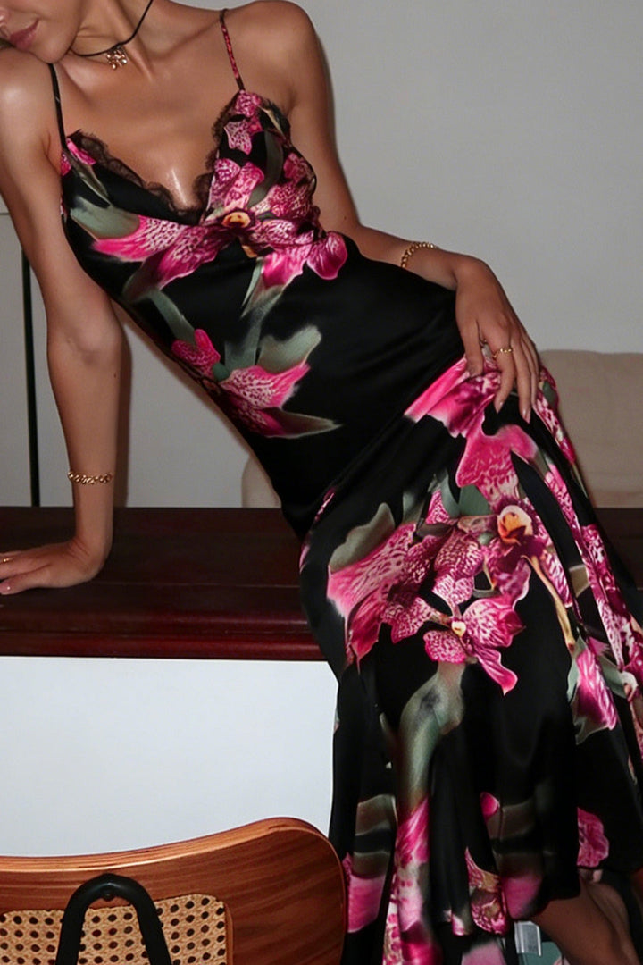 Floral Print Satin Patchwork Lce Trim V-Neck Slip Sleeveless Maxi Dress