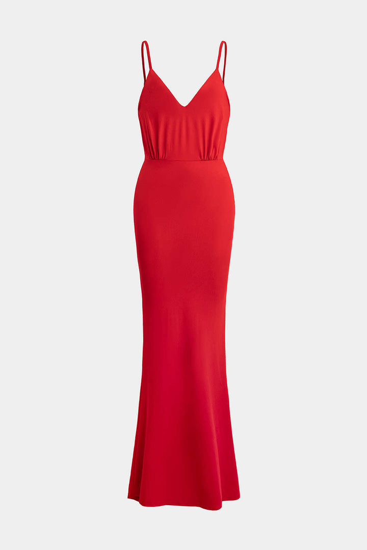 Solid V-Neck Ruched Backless Sleeveless Maxi Dress