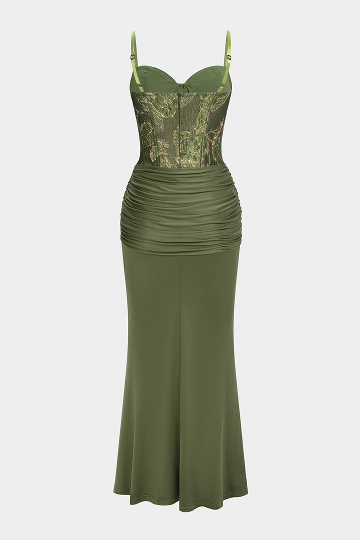 Jacquard Patchwork Ruched Strappy Sleeveless Maxi Dress