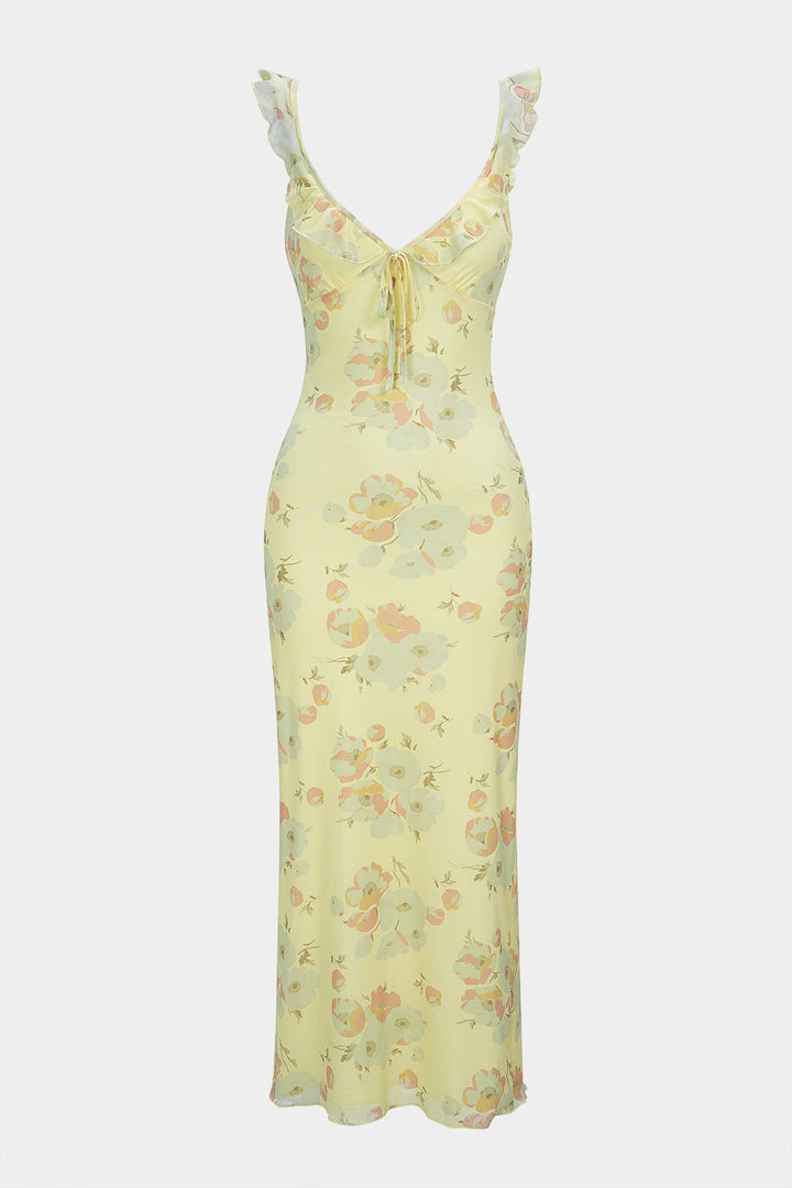 Floral Print V-Neck Tie-Up Ruffle Sleeveless Maxi Dress