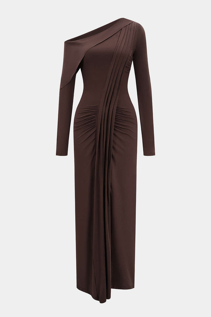 Asymmetrical Neck Ruched Long-Sleeve Maxi Dress