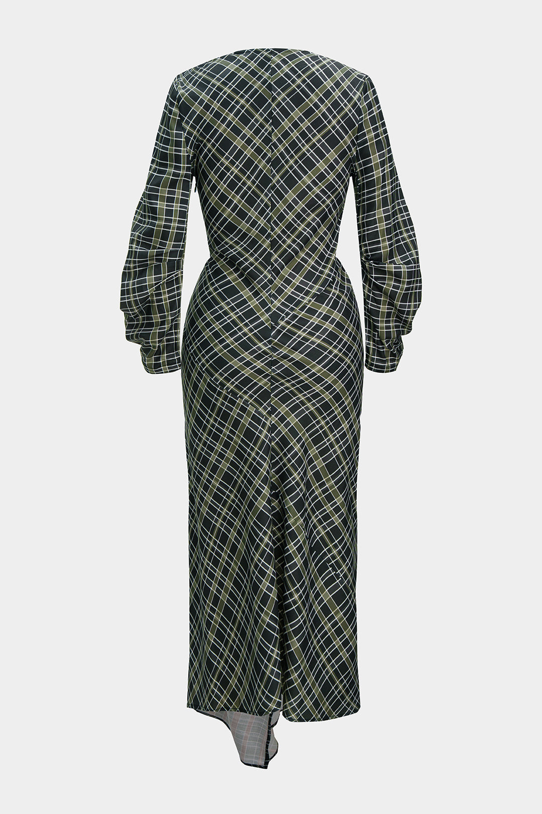 Plaid Print V-Neck Asymmetrical Ruched Long-Sleeve Maxi Dress
