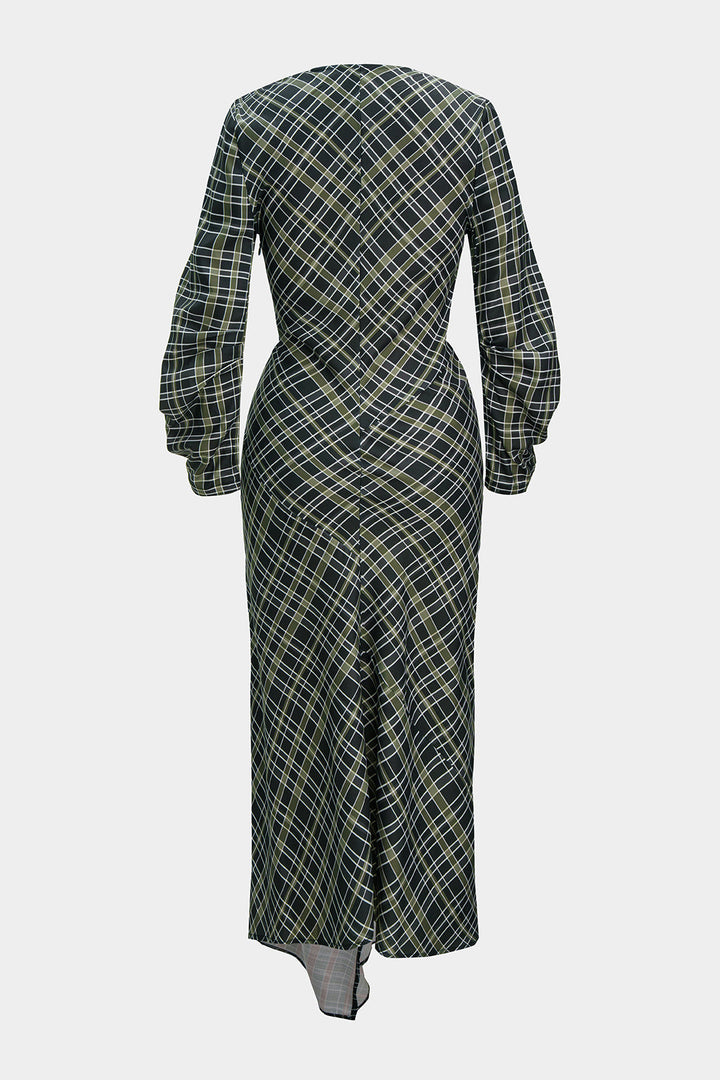 Plaid Print V-Neck Asymmetrical Ruched Long-Sleeve Maxi Dress