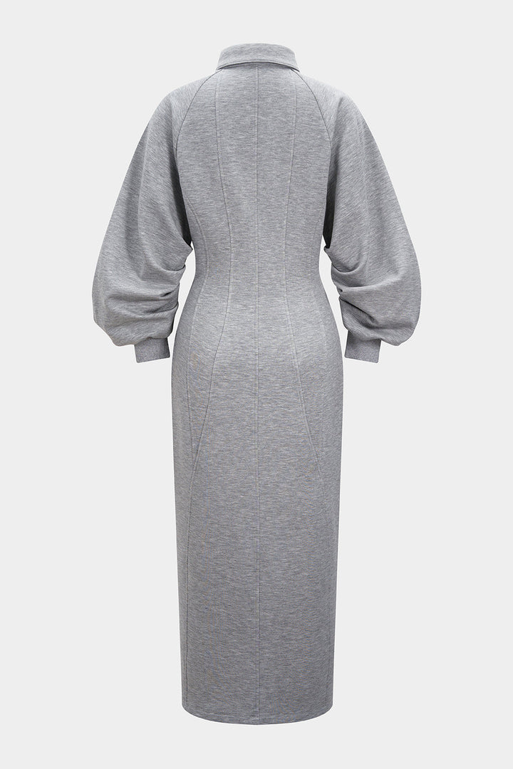 Lapel Zipper Long Sleeve Maxi Dress