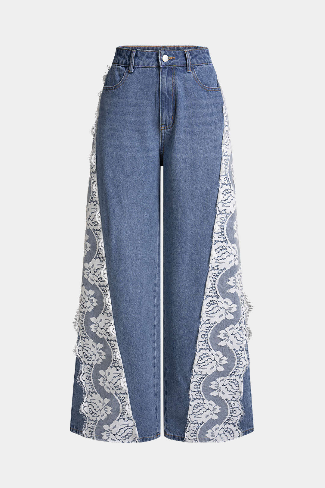 Denim Patchwork Lace High Waist Straight Leg Jeans