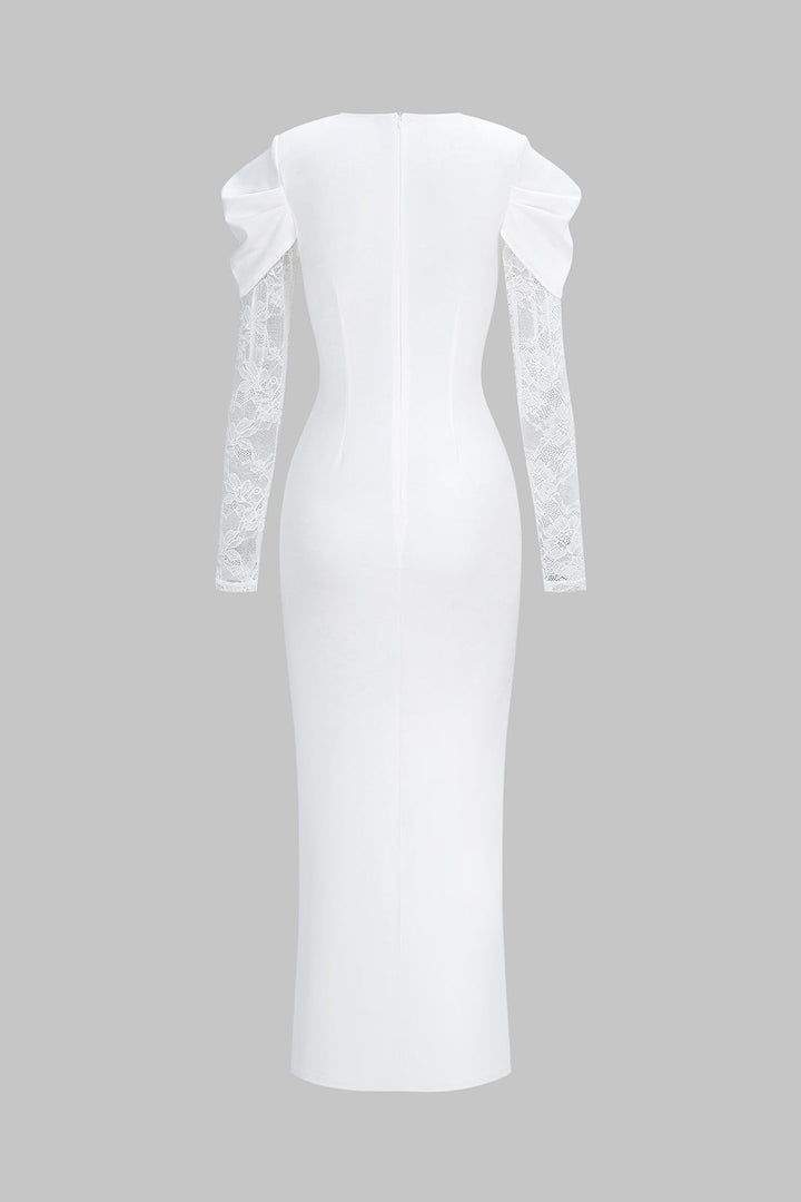 Sheer Lace Patchwork Round Neck Long Sleeve Maxi Dress
