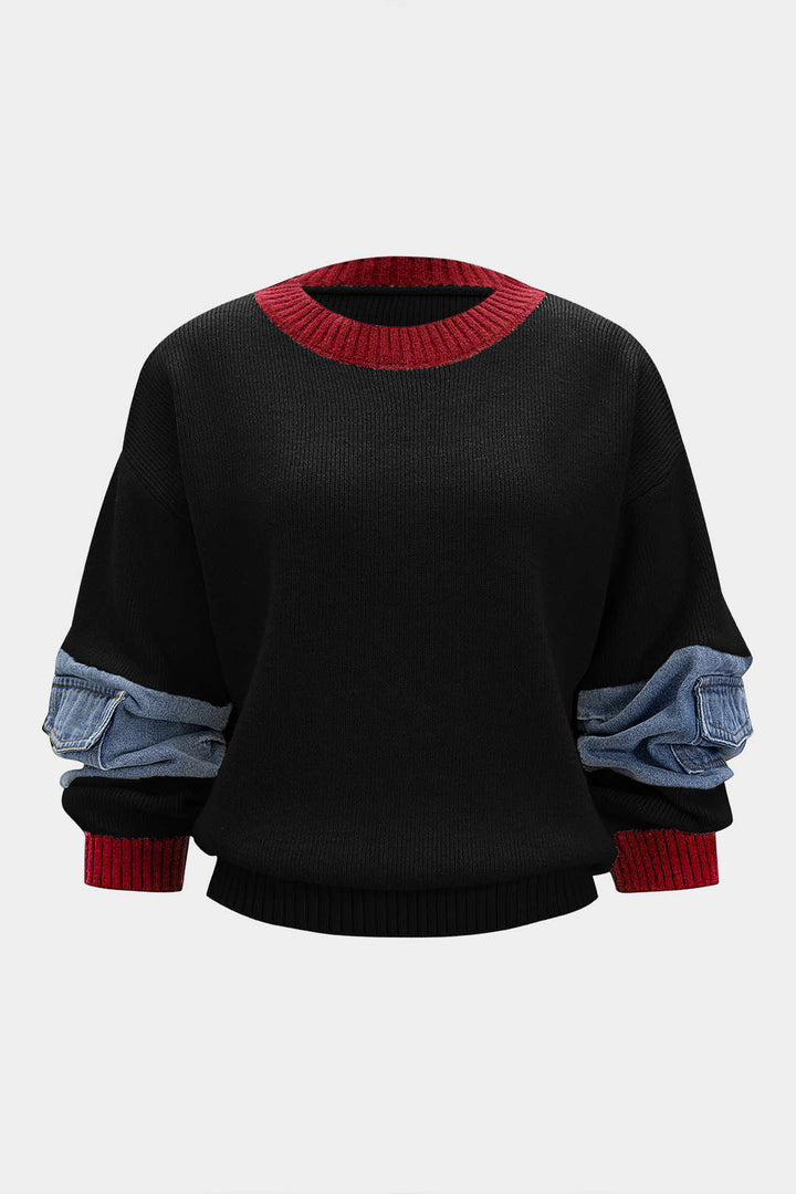Knit Denim Patchwork Contrast Ribbed Long-Sleeve Top