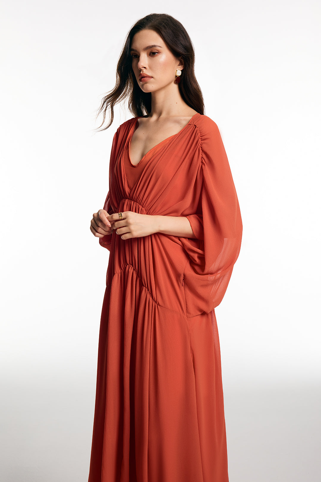 Chiffon V-Neck Ruched Short Sleeve Maxi Dress