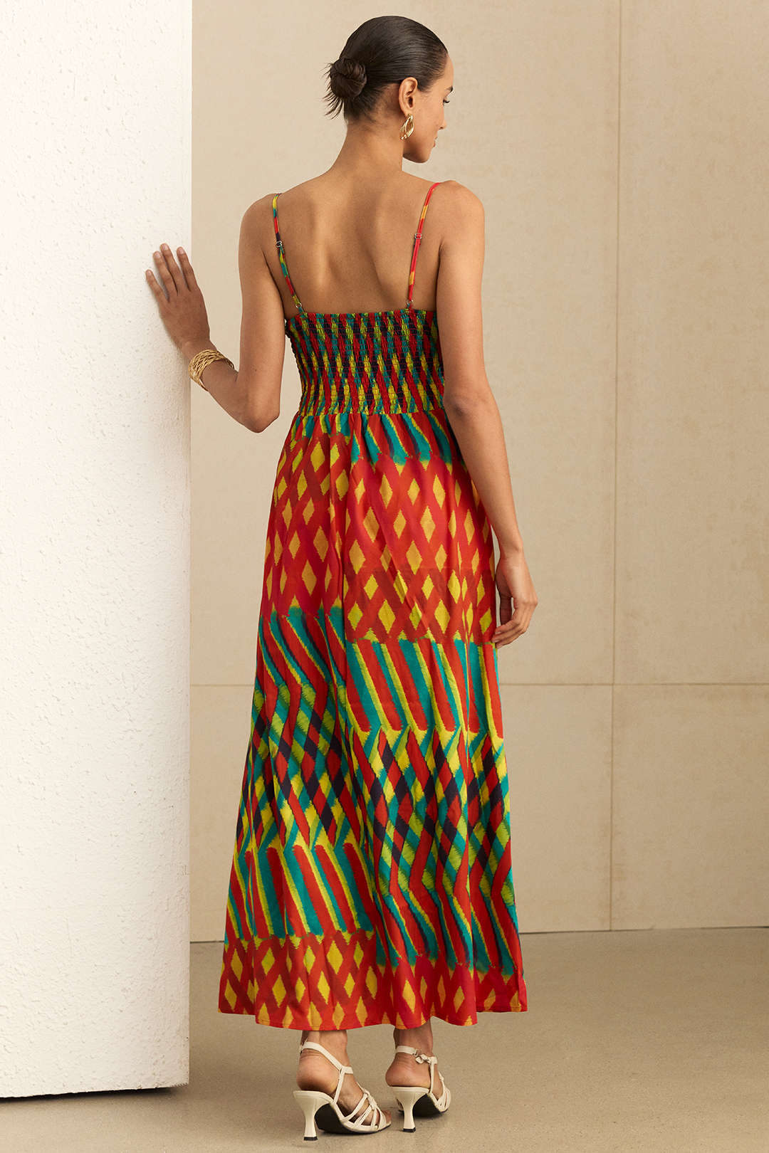 Geometric Print Smocked Slip Sleeveless Maxi Dress