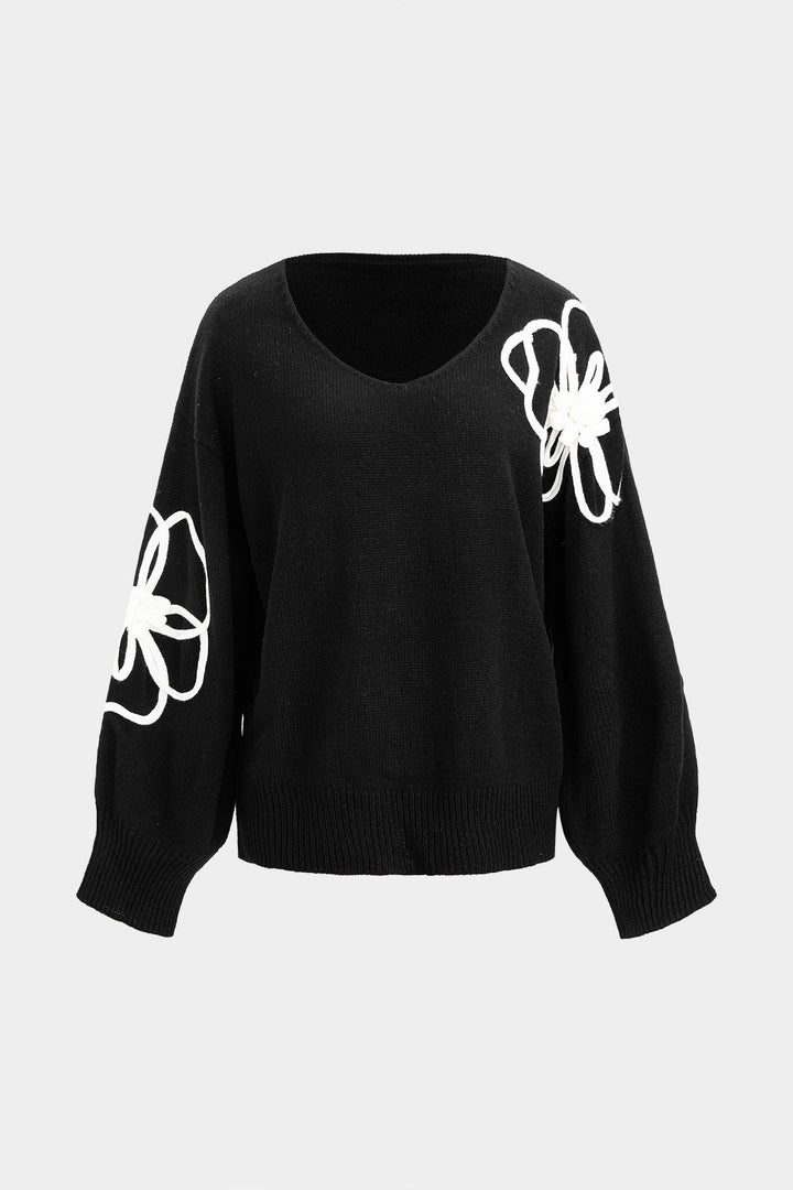 Knit V-Neck Flower Applique Long-Sleeve Top