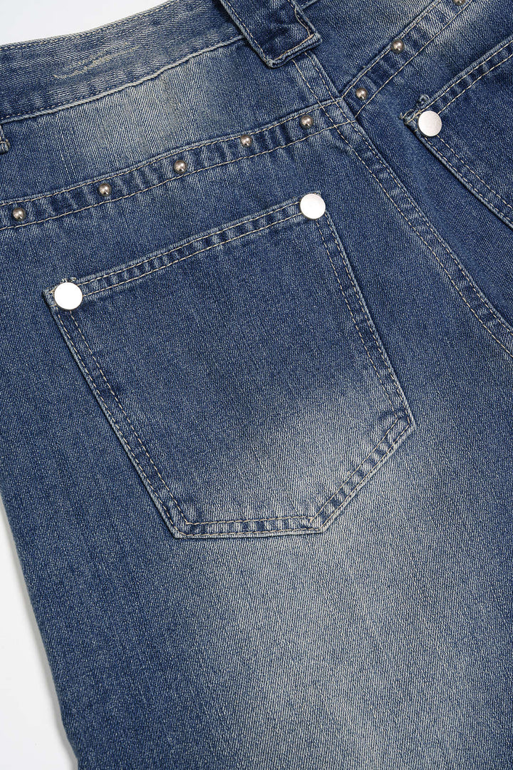Denim Rivet Rhinestone Decor Straight Leg Jeans