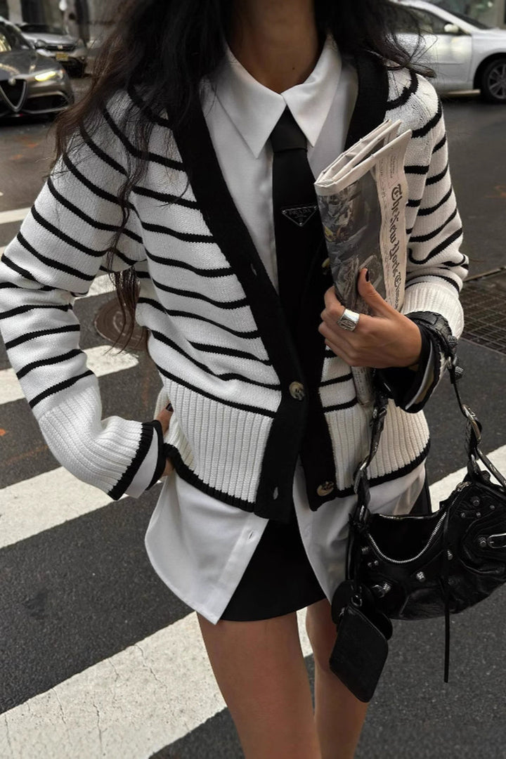 Knit Contrast Stripes Print V-Neck Button Cardigan