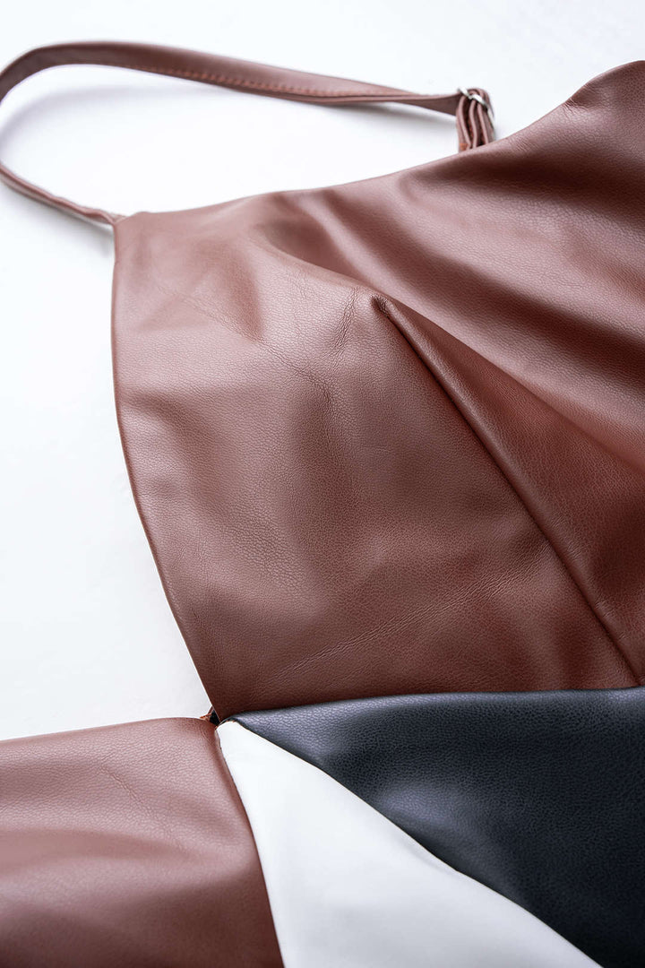 Faux Leather Contrast Slip V-Neck Sleeveless Maxi Dress