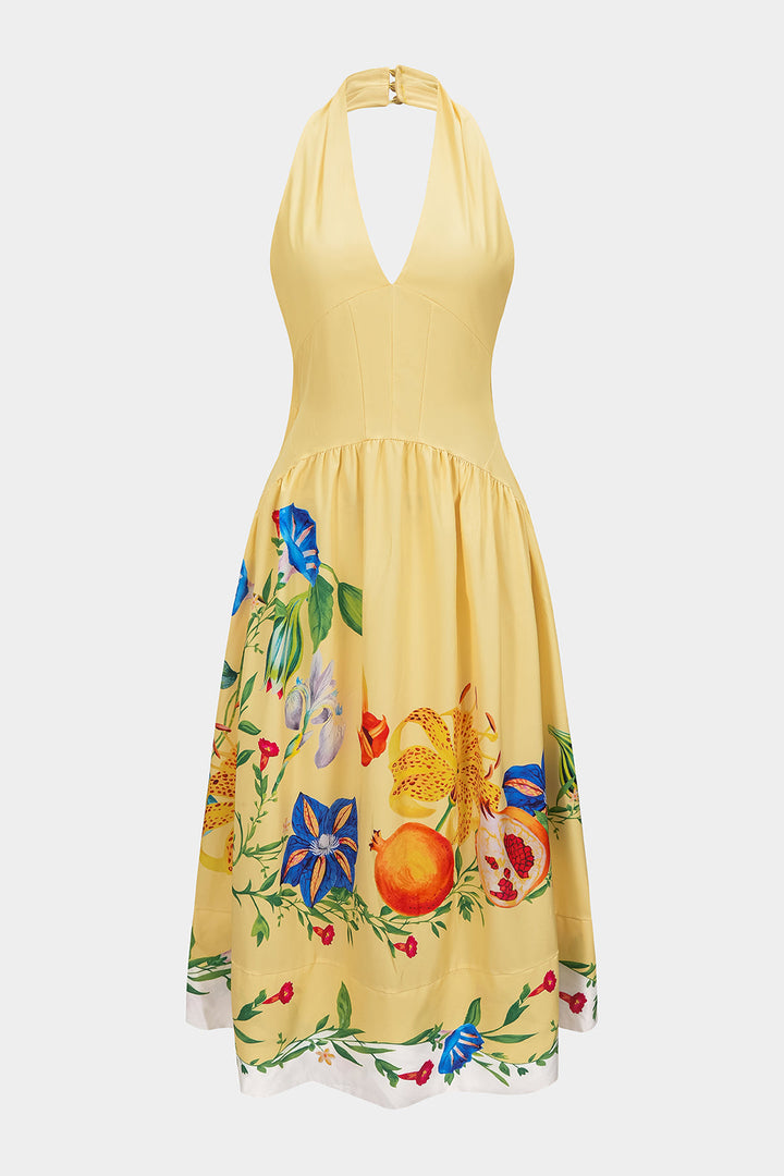 Floral Print Linen Patchwork Halter V-Neck Backless Sleeveless Maxi Dress