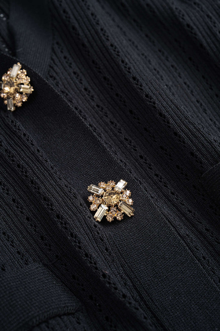 Knit Ruffle V-Neck Metallic Button Cardigan