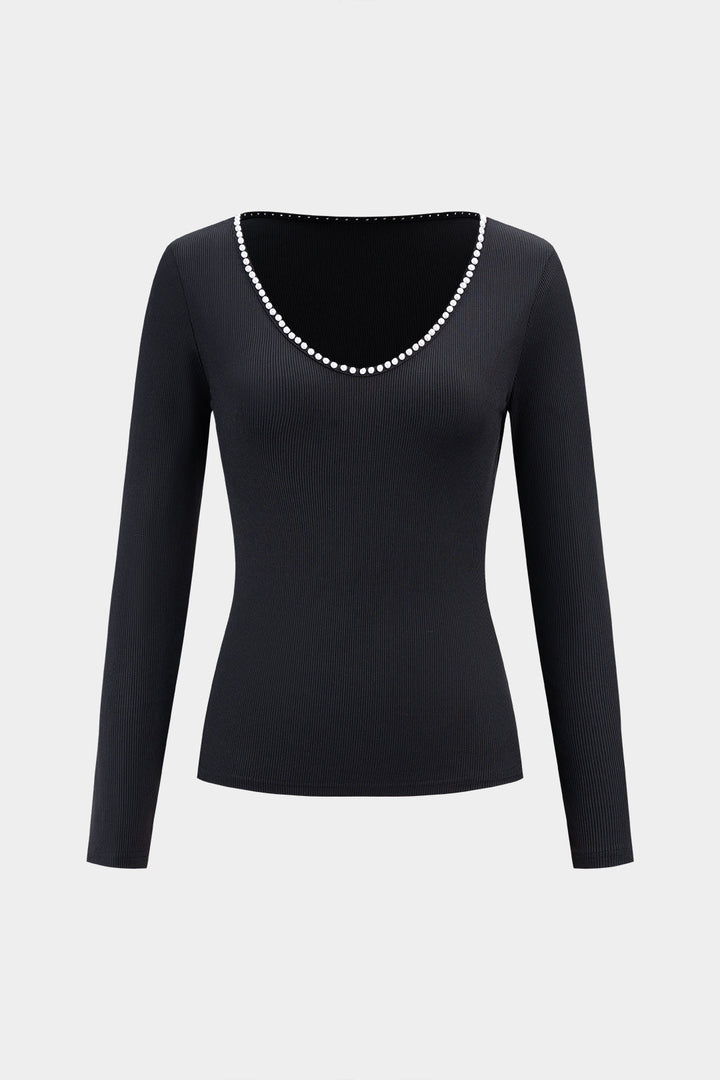 Knit Pearl Decor Long-Sleeve Top