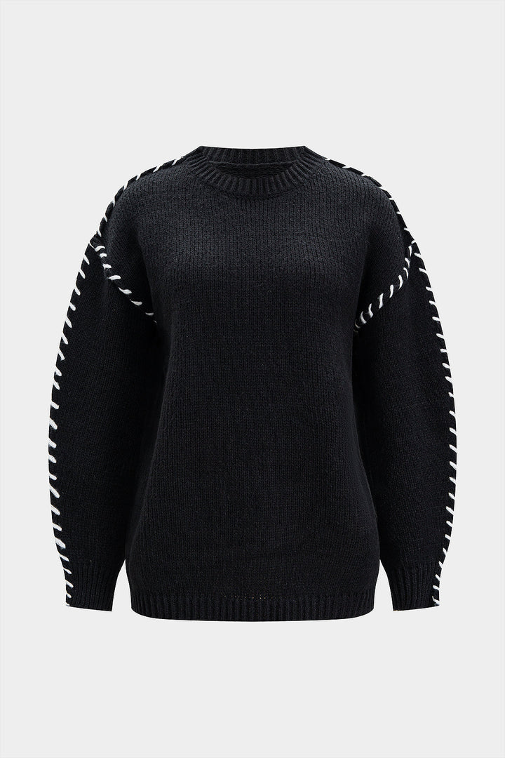Knit Round Neck Contrast Long-Sleeve Top