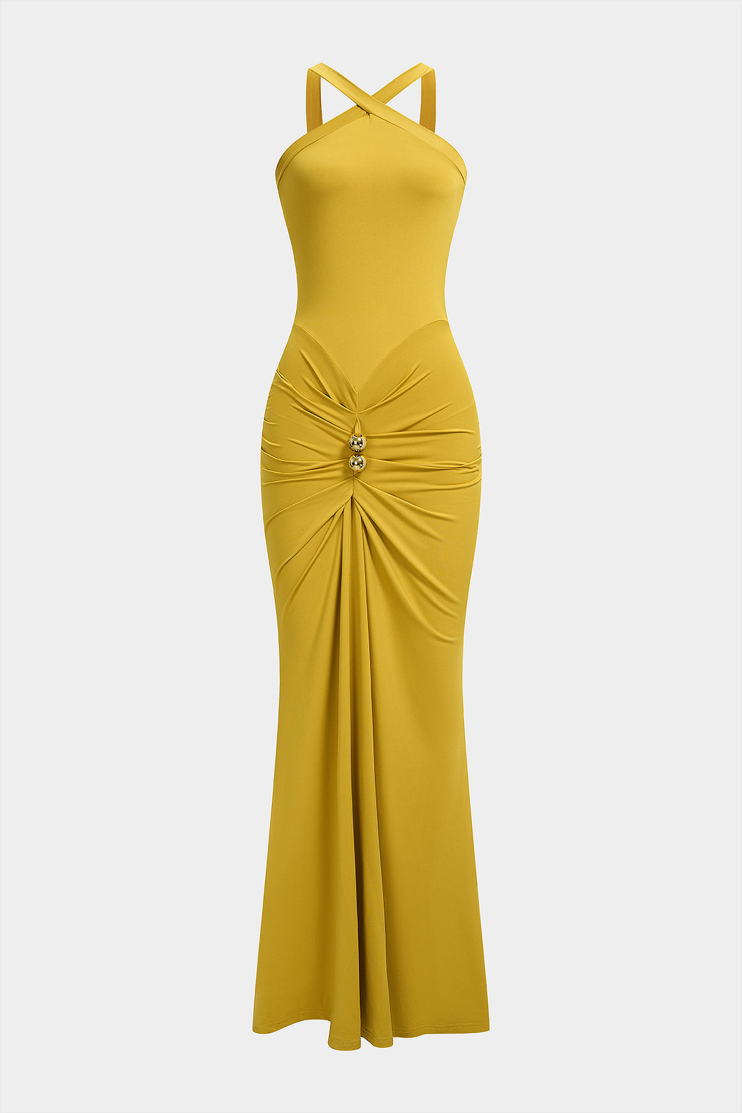 Solid Crossed Ruched Sleeveless Maxi Dress