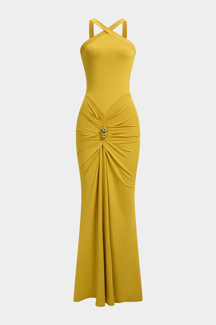 Solid Crossed Ruched Sleeveless Maxi Dress