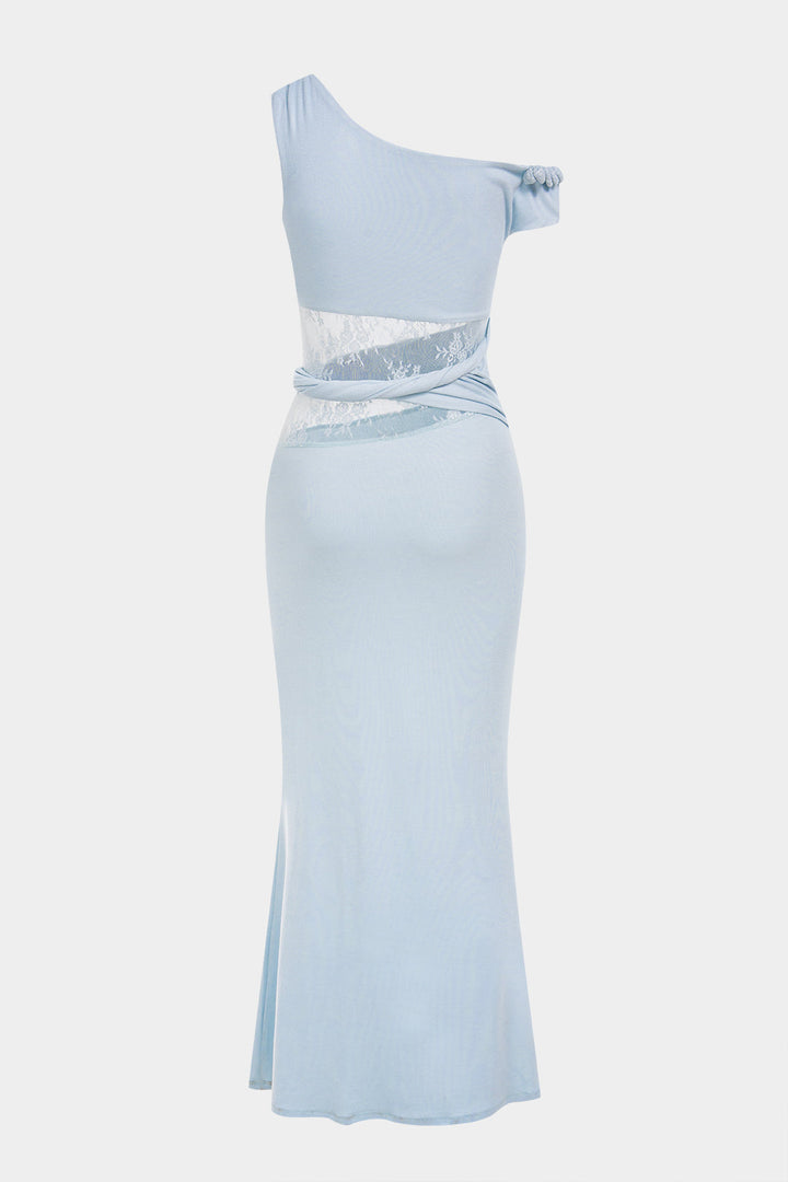 Lace Patchwork One Shoulder Twist Knot Sleeveless Maxi Dress