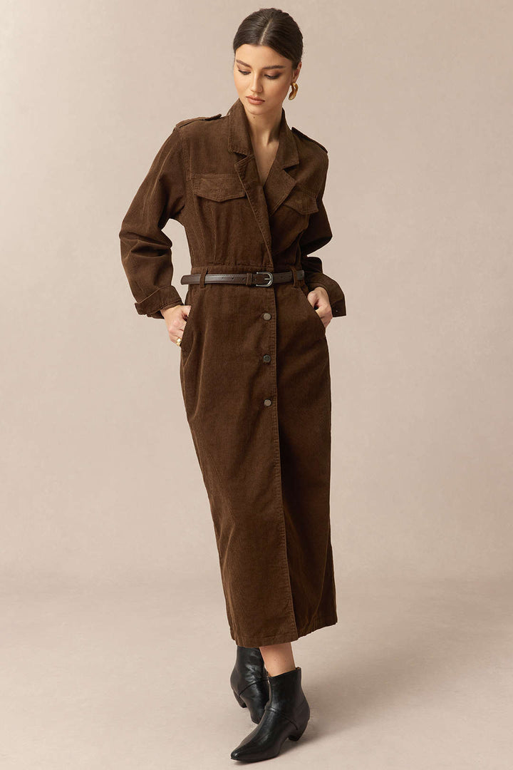 Corduroy Notched Lapel Button Pocket Belted Long Sleeve Dress