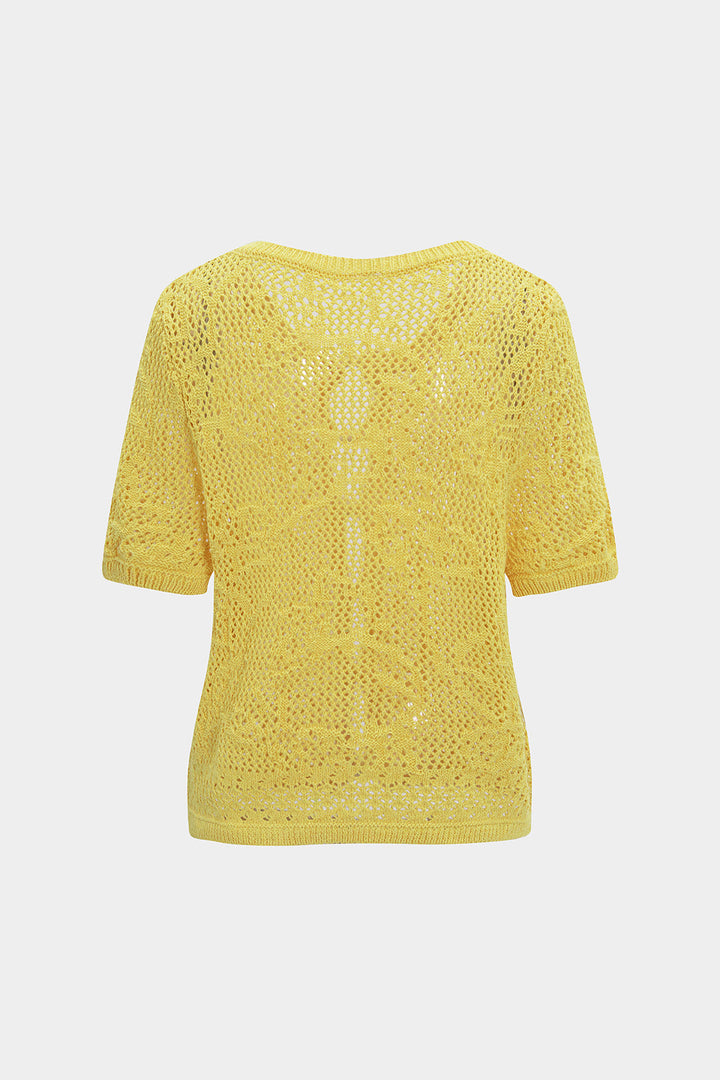 Knit Hollow Out Button Short-Sleeve Top